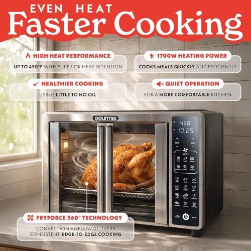 Gourmia Air Fryer French Door Toaster Oven - 6-Slice Capacity, LED Display with 19 Cooking Presets, Stainless Steel‼️needs heavy cleaning‼️