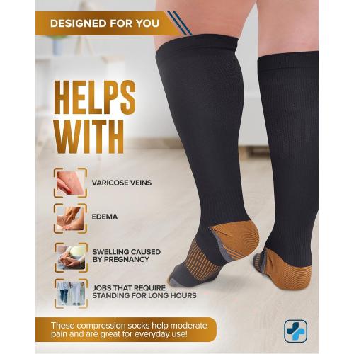 2 pair Size Plus Color Black Doctor's Select Copper Plus Size Compression Socks Wide Calf - 2 Pairs | 20-30mmHg Extra Wide Calf Compression Socks Women Copper for Swelling, Varicose Veins | Black