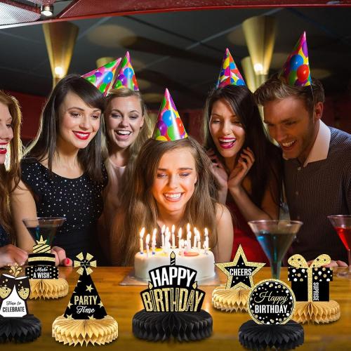 8 Pieces Happy Birthday Party Decorations Supplies Birthday Honeycomb Centerpieces Table Toppers for Party Favor Photo Booth Props, Black and Gold