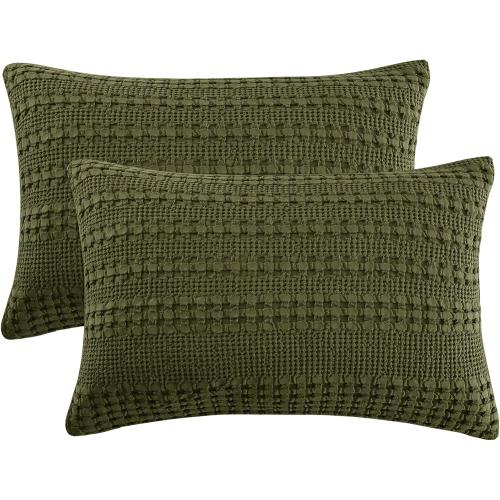 PHF 100% Cotton Waffle Pillow Shams King Size, 2 Pack 20 x 36 Soft Skin-Friendly Pillowcases, No Filling, Aesthetic Woven and Breathable Waffle Weave Pillow Case Covers for Bed, Capulet Olive