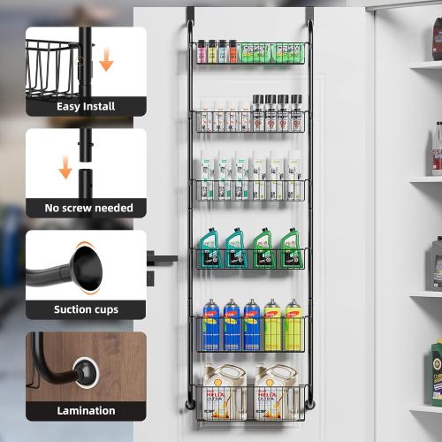 VIVSOL 6-Tier Over the Door Pantry Organizer with 4   2 Full Baskets, Heavy-Duty Metal Hanging Spice Rack for Door Bathroom Kitchen, Closet Storage, Black