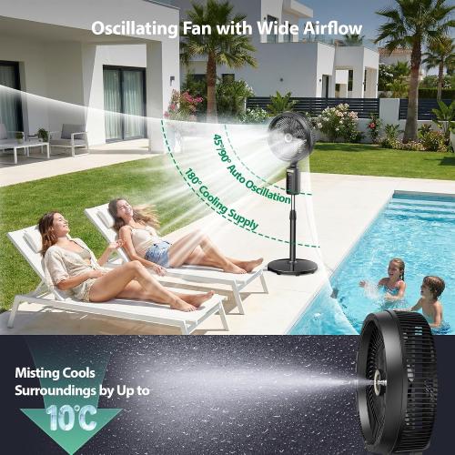 Ausic Outdoor Misting Fan for Patio, 30000mAh Rechargeable Oscillating Fan | Battery Powered Cordless Pedestal Fan, 12 Standing Fan with Remote/ Mister for Camping/Backyard