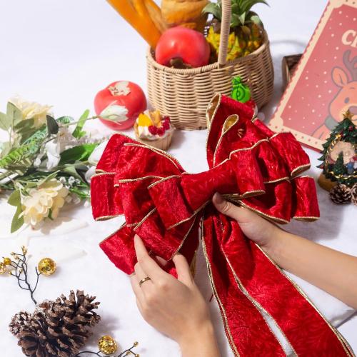 Christmas Tree Topper, 40x13 Inches Toppers Bow with Glitter Satin Mesh Streamer and Patterned Ribbon, Christmas Tree Topper Bow for Christmas Home Decoration (Red & Gold)