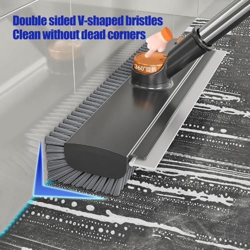 Floor Scrubbing Brush with Squeegee,2 in 1 Grout Brush with 54 Adjustable Long Handle,V-Shape Stiff Brush Bristle,360°Rotation,Bathroom Cleaning Brush for Tile,Deck,Garage,Kitchen,Swimming Pool,Grey