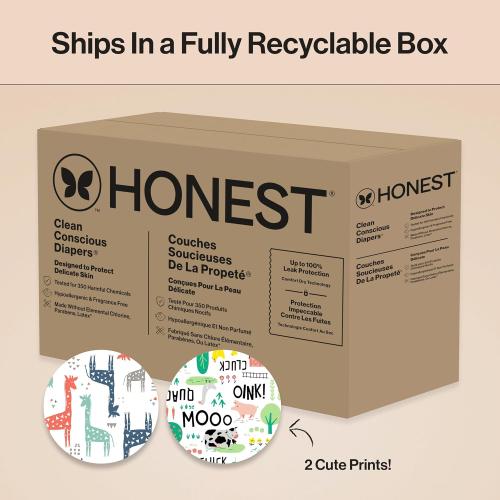 The Honest Company Clean Conscious Diapers for Delicate Skin | Up to 100% Leakproof | Hypoallergenic, Fragrance Free | Gender Neutral | Super Club Box, Size 2 (12-18 lbs), 124 Count (Prints May Vary)