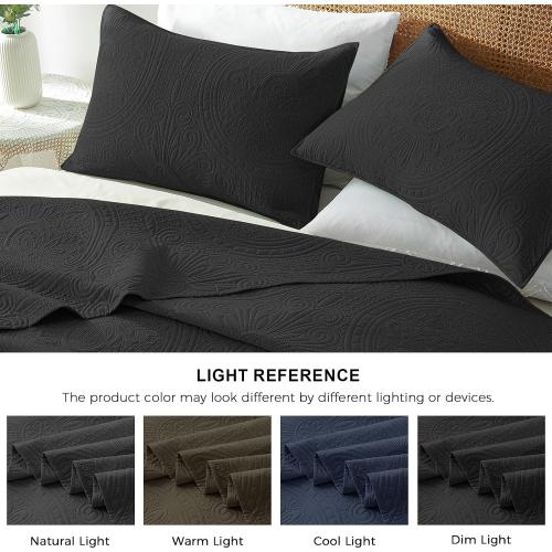 WURUIBO King/Cal King Quilt Set Black,Ultrasonic Embossed Bedspread, Lightweight Microfiber Coverlet, Modern Thin Bedding Set for All Season, 3 Piece(1 Quilt,2 Pillow Shams)