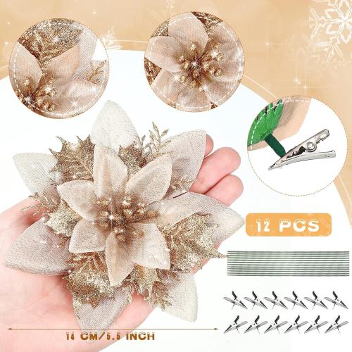 Glitter Christmas Poinsettia Artificial Xmas Flower Ornaments Flowers Decorations with Clips and Stems Glitter Poinsettia Christmas Tree Ornaments for Christmas Wedding (Champaign Gold,36 Pieces)