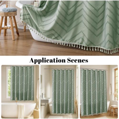 OWENIE Sage Green Fabric Shower Curtain, Boho Shower Curtains for Bathroom Chic Tufted Chevron Striped Textured with Tassel, Soft Hotel Style Farmhouse, Machine Washable, 72x78, Sage Green