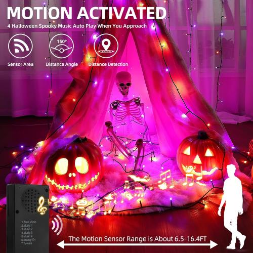 Battery Operated Halloween Lights with Motion Sensor Spooky Music or Battery Powered Orange & Purple 2 Colors in 1 Waterproof 33ft 100LED Halloween Indoor Outdoor Decor