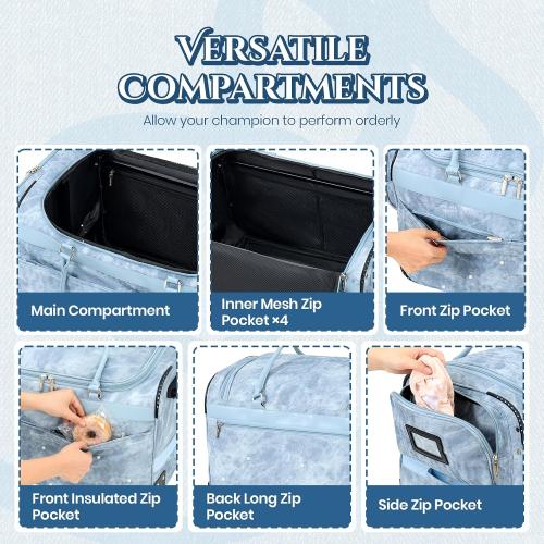 Fanwoli 23 Denim Dance Bag with Garment Rack, Competition Duffel | Creative-Denim Collection|Waterproof|Anti-Tipping Dual-Support Rack|9-Pocket Storage|Silent Wheels|10-Costume Capacity