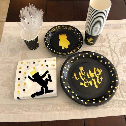 Set of 96 Wild One Birthday Decorations | 96 Pieces - 4-in-1 Wild One Party Supplies | First Birthdays Plates | Wild One Napkins| Disposable Cups/Glasses |First Birthday Decorations | Wild one Table Cloth