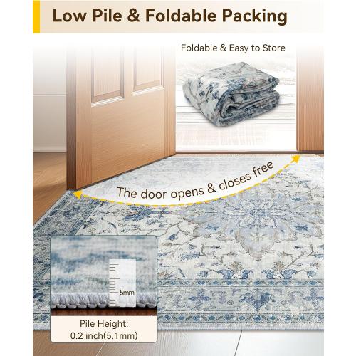 Area Rugs 8'x10' Washable Non-Slip, Floral Vintage Distress Print Pattern Medallion Carpet for Living Room Bedroom Dining Room, Light Blue Navy Beige Gray White