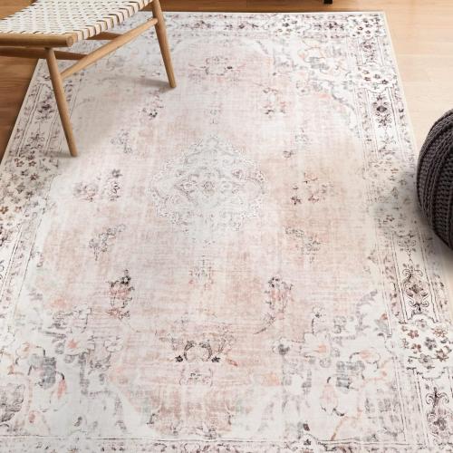 MUJOO Pink Rug 3x5 Washable,Boho Area Rugs Small Non Slip Low-Pile Floral | Machine Washable Throw Carpet for Entryway Bedroom Bedside Kitchen Hallway Living Room Soft Indoor Flowers Light Blush
