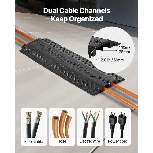 VEVOR 2 Pack Drop Over Cable Cover, 2 Channel Heavy Duty Cable Hose Protector Ramp, 38.3'' Floor Cord Cover, 17,500 lbs/Axle Load Capacity, for Traffic Areas, Indoor, Outdoor, Home, Office, Warehouse