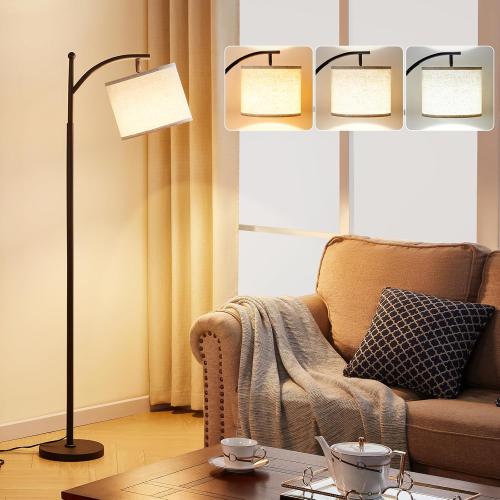 Ambimall 60 Floor Lamps for Living Room with 3 Color Temperatures, Standing Lamp Tall with Adjustable Linen Shade, Tall Lamps for Living Room Bedroom Office Classroom Dorm Room(9W Bulb Included)