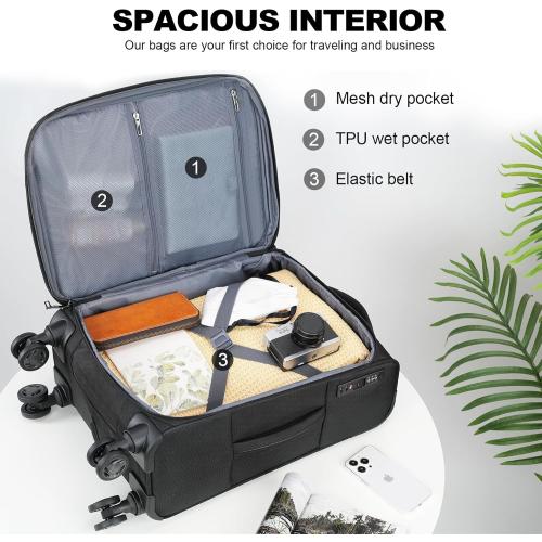 BLACK KROSER Softside Expandable Carry On Luggage with Spinner Wheels & Built-in TSA Lock, Durable Suitcase Rolling Luggage with USB Port, Carry-On 20-Inch, Black