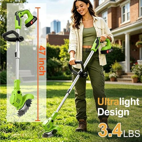 Electric Weed Wacker, 21V Cordless Weed Eater Battery Powered, No String Trimmer with Wheels & Metal Blades, Lightweight Grass Trimmer/Brush Cutter/Lawn Edger, Stringless Weed Trimmer for Yard Garden
