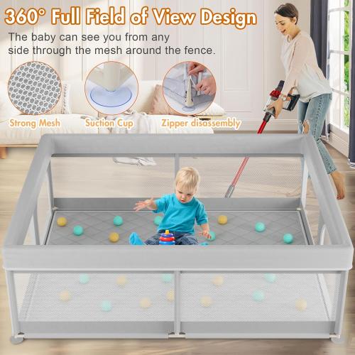 Omzer Baby Playpen with Mat 71x59inch: Large Playpen for Babies and Toddlers Indoor Safety Play Pen with Soft Breathable Mesh - All-Wrapped Sponge Sturdy Play Yard with Stable Mat Magic Sticker