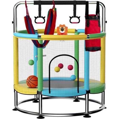 55 Trampoline for Kids,Up to 440 Ibs Mini Trampoline with Anti-Rollover Round Bottom,Indoor & Outdoor Toddler Trampoline with Safety Enclosure,Adjustable Gymnastics Bars,Basketball Hoop