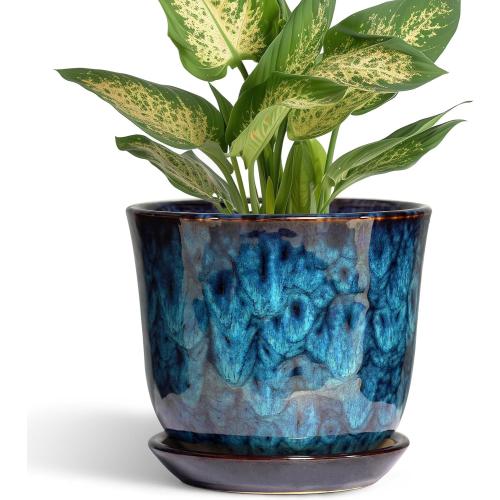 5.6 Inch Plant Pot - Ceramic Pots for Plants with Drainage Hole and Saucer, Round Succulent Flower Orchid Pot for Indoor Outdoor, Modern Planter, Home Room Decor, Gift for Plant Lover, Blue