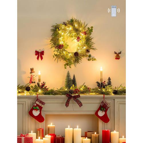NUPTIO Artificial Christmas Garland with Lights: 2Pcs 6.2Ft Pre-Lit Gold Glitter Garland with Pine Cones Red Berry Eucalyptus - Xmas Decorations for Mantle Fireplace Railing Stairs Table Door
