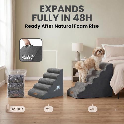 Dog Stairs for High Beds Up to 30, Extra-Tall 5-Step Dog Steps for Bed, 24.5 Tall Foam Pet Stairs for Small & Medium Dogs, Gentle Slope Cat Ramp for Bed with Washable Cover