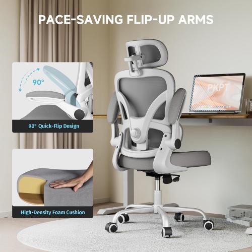 Ergonomic Office Chair, 330LBS Desk Chair with 3-Level Lumbar Support & Headrest, Breathable Mesh Backrest, Flip-Up Armrests for Home Office and Gaming, White