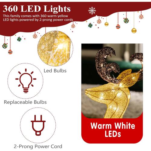 3-Piece LED Lighted Christmas Deer Outdoor Yard Decorations, 3D Super Large Christmas Reindeer Decor, Outdoor Lighted Holiday Deer with 360 LED Displays for Front Yards Garden Lawn Patio