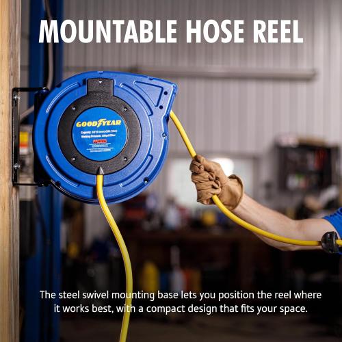 Goodyear Air Hose Reel Retractable 3/8 Inch x 50' Foot Hybrid Polymer Hose Max 300PSI Commerical Polypropylene Construction