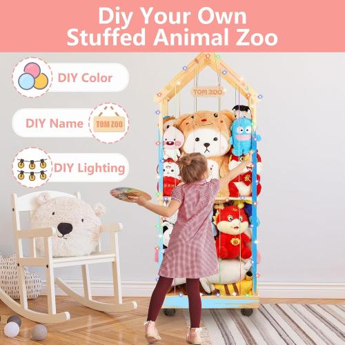 Stuffed Animal Storage Toy Storage Organizer – Doodleable Wooden Stuffed Animal Holder with LED Light, 360° Swivel Wheels for Nursery Playroom Bedroom Kids Room