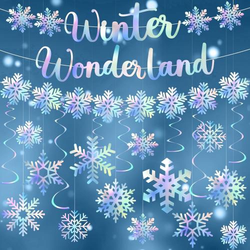 Pinkunn Winter Wonderland Party Decoration Iridescent Decoration Hanging Snowflake Garland Ornaments Iridescent Glitter Paper Spiral Banners for Holiday Birthday Home Party Decor
