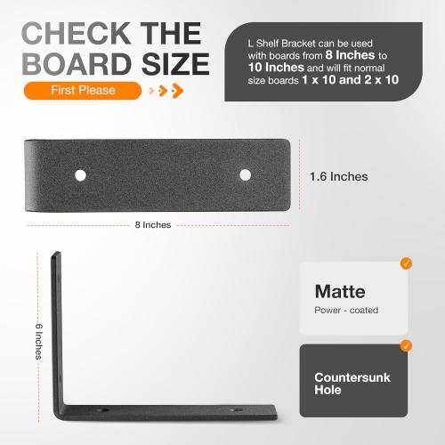 BATODA Pack 6 - 8''L Heavy Duty Shelf Brackets - L Shelf Brackets Black - Hook Brackets for Floating Shelves - Wall Mounted Support for DIY Open Shelving – Shelving Mounting Hardware Included