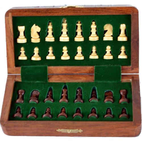 Handmade Wooden Rosewood Foldable Magnetic Chess Game Board with Storage Slots, 7 Inch