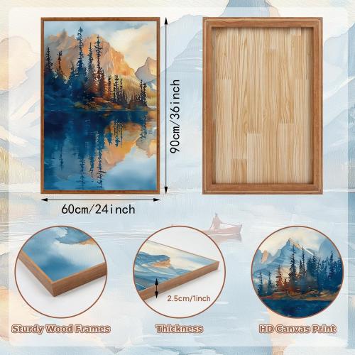 KAIRNE Landscape Wall Art Set of 3(24”X36”),Abstract Forest Canvas Paintings,Watercolor Blue Mountain Lake Prints,Framed Nature Scenery Artwork for Living Room Bedroom Home Office Gallery Decoration