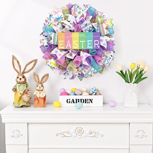 Waipfaru Easter Wreaths for Front Door, 18 Inch Handmade Mesh Bow Spring Wreaths with Wooden “Happy Easter” Sign, for Indoor Outdoor Home Farmhouse Table Mantel Window Wall Decor