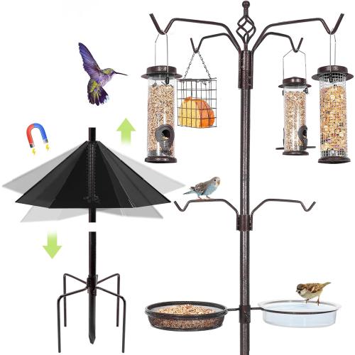 6-Hook Bird Feeding Station Kit, 94 Inch Heavy Duty Bird Feeder Stand Pole for Outdoors Hanging with 4 Feeders, Wide Metal Squirrel Baffle, Attracting Wild Birds