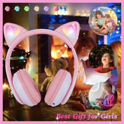 Wireless Headphones for Kids, Cat Ear LED Light Up Bluetooth Kids Headphones with Microphone for School/Travel/Sports/Gaming/Gifts/Christmas (Pink)
