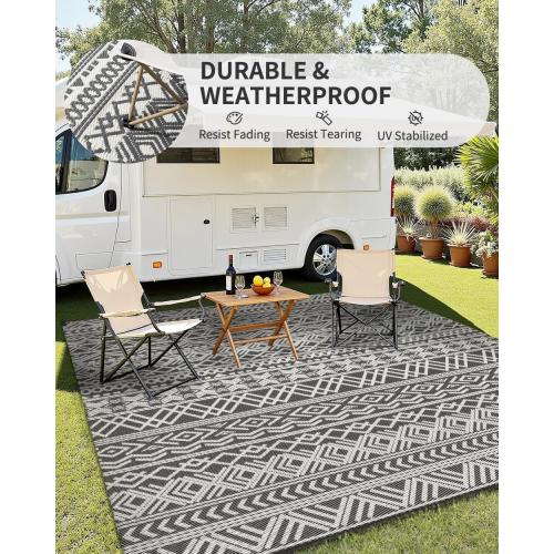 MontVoo Outdoor Rug Carpet Waterproof 5x8 Outdoor Patio Rug Mat Reverisble Plastic Straw Outdoor Rug for RV Camping Picnic Beach Balcony Boho Grey