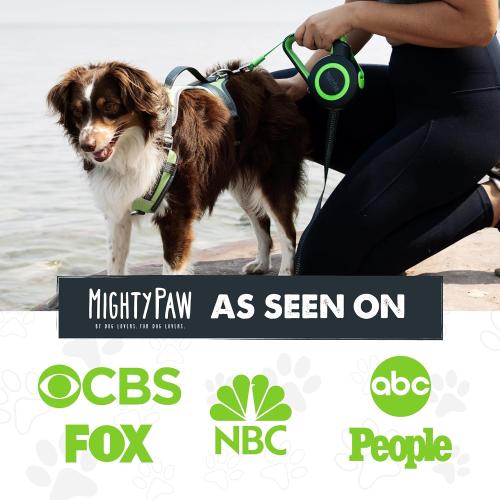 Mighty Paw Retractable Dog Leash 2.0 | 16' Heavy Duty Reflective Nylon Tape Lead for Pets up to 0-50 lbs. Tangle Free Design W/One Touch Quick-Lock Braking System & Anti-Slip Handle (Green/Lite)