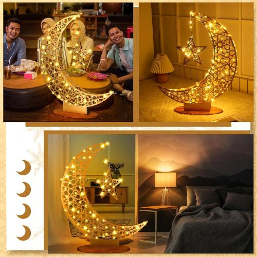 Tujoe Ramadan Light Decoration, Large Eid Crescent Moon Star Light 26.3 x 22.4 Inch Metal LED Ramadan Mubarak Moon Lamp Table Centerpiece Battery Operated for Home Floor Yard Islamic Gift(Innovative)