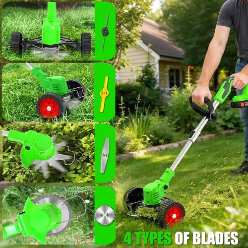 Cordless Weed Wacker Electric Eater Battery Powered Stringless Weed Trimmer 4-in-1 Grass Trimmer/Brush Cutter/Lawn Edger/Mower Lightweight Garden Tool with 4 Types Blades & Wheels for Garden Yard