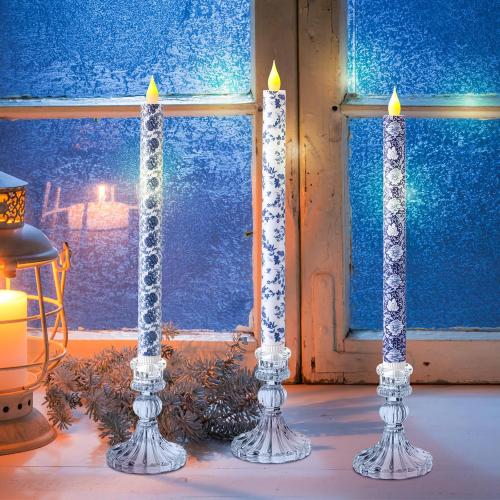 Baquler 6 Pcs Chinoiserie Flameless Candles 10.6 Inch Blue and White Battery Operated Led Candlesticks Chinoiserie Decor Porcelain for Holiday, Wedding, Party Table Centerpiece Home Decor