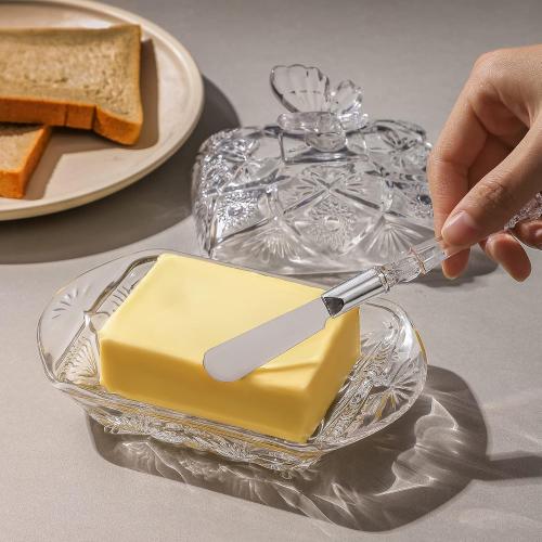 Glass Butter Dish with Lid and Stainless Steel Butter Knife, Farm House Butterfly Handle Thick Cover, European Butter Dishes, Sun Flower Butter Keeper Sticks Kitchen Dishwasher Safe