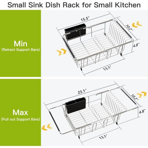 JASIWAY Dish Drying Rack in Sink, Expandable Stainless Steel Dish Drainers for Kitchen Counter, Dish Dryer Rack for Inside Sink, Over The Sink Dish Racks with Utensil Holder, Silver