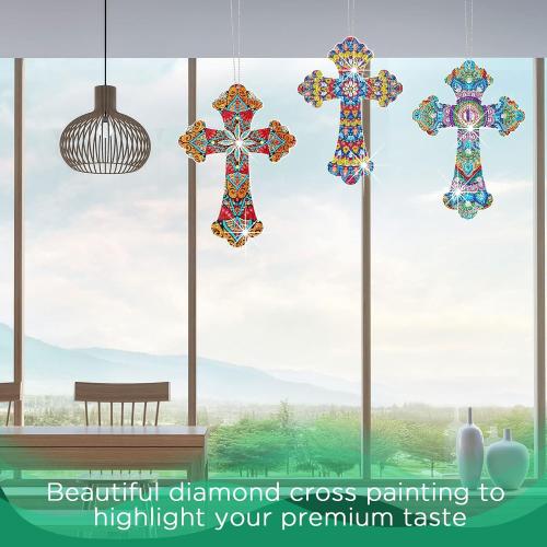 Faccito 3 Pcs Cross Diamond Art Painting Hanging Kit for Adult DIY 5d Crystal by Number Mandala Cross Rhinestone Pendant Acrylic Mosaic Wall Ornament Gift for Easter Religious Christians Woman