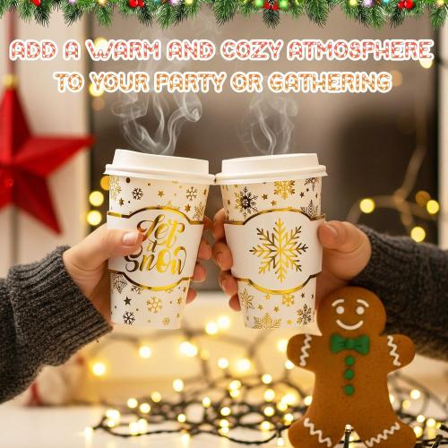 48 Sets 12 oz Christmas Disposable Paper Cups Gold Foil Winter Snowflake Coffee Cups with Lids and Sleeves Bulk for Hot Cold Tea Drinking Winter Birthday Wedding Holiday Party Favors