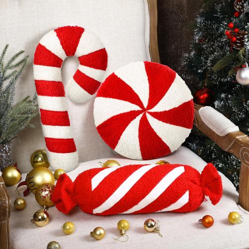 3 Pcs Christmas Pillows Decorative Throw Pillows Candy Merry Christmas Tree Stuffed Wool Soft Xmas Plush Cushion for Sofa Couch Bedroom Living Room(Red)