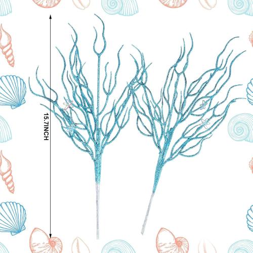8 Pcs Blue Coastal Christmas Decorations Artificial 15.7inch Artificial Flowers Glitter Coastal Ornaments for Christmas Tree Ocean Beach Coral Nautical Treebranch Stem Pick Filler for Vase