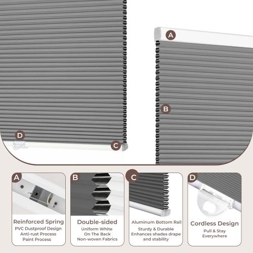 Allesin Cellular Shades Cordless Blackout Honeycomb Blinds for Indoor Windows, Thermal Insulated Window Shades Noise Reduction, Easy to Install, Perfect for Bedroom/Living Room, Grey 34 W x 64 H