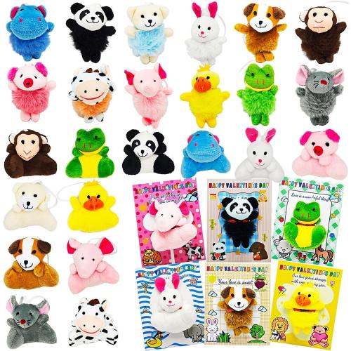 VEALIZUU 24 Packs Valentines Day Cards with Mini Plush Animals Toys, Animals Keychain Charms, Small Stuffed Animal Bulk, Valentines Days Exchange Gifts, School Classroom Exchange Prizes for Kids